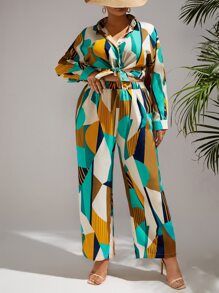SHEIN VCAY Plus Geo Print Batwing Sleeve Top & Trousers - Multicolor - View 3