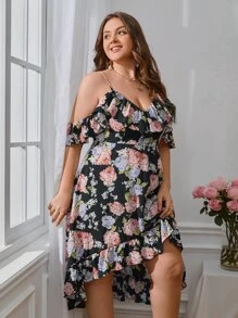 SHEIN VCAY 大碼印花挖肩高低下擺洋裝 - 彩色 - 查看 5