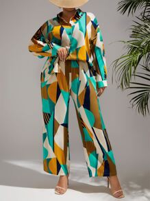 SHEIN VCAY Plus Geo Print Batwing Sleeve Top & Trousers - Multicolor - View 4