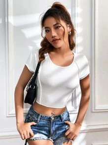 SHEIN EZwear Scoop Neck Rib-knit Crop Tee - White - View 5