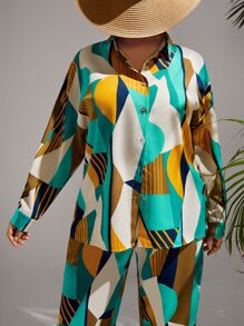 SHEIN VCAY Plus Geo Print Batwing Sleeve Top & Trousers - Multicolor - View 5