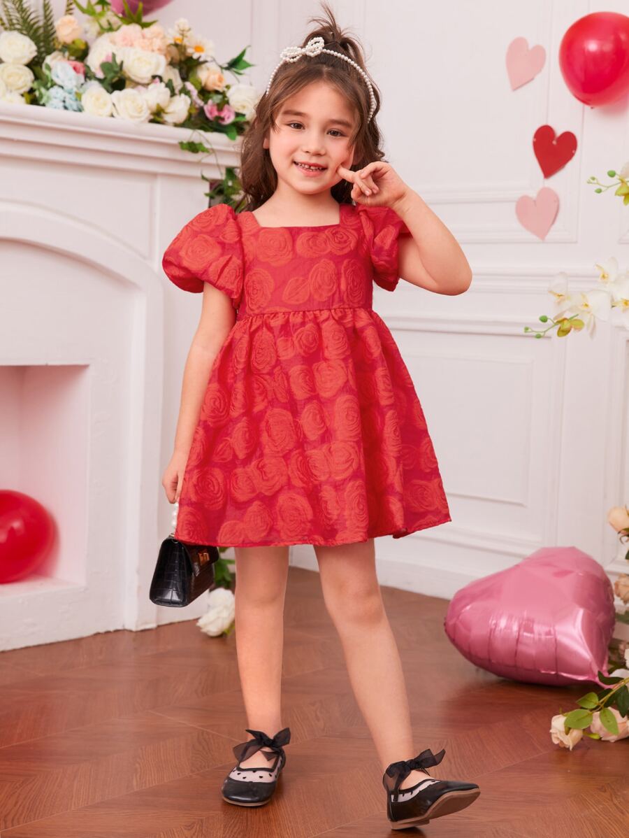 SHEIN 小女童泡泡袖提花洋裝