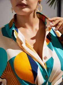 SHEIN VCAY Plus Geo Print Batwing Sleeve Top & Trousers - Multicolor - View 6