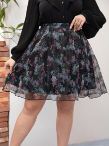 SHEIN LUNE Plus Floral Print Skirt - Multicolor - View 1