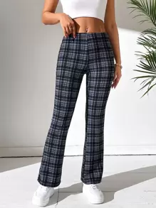 SHEIN PETITE High Waist Plaid Flare Leg Trousers - Multicolor - View 1