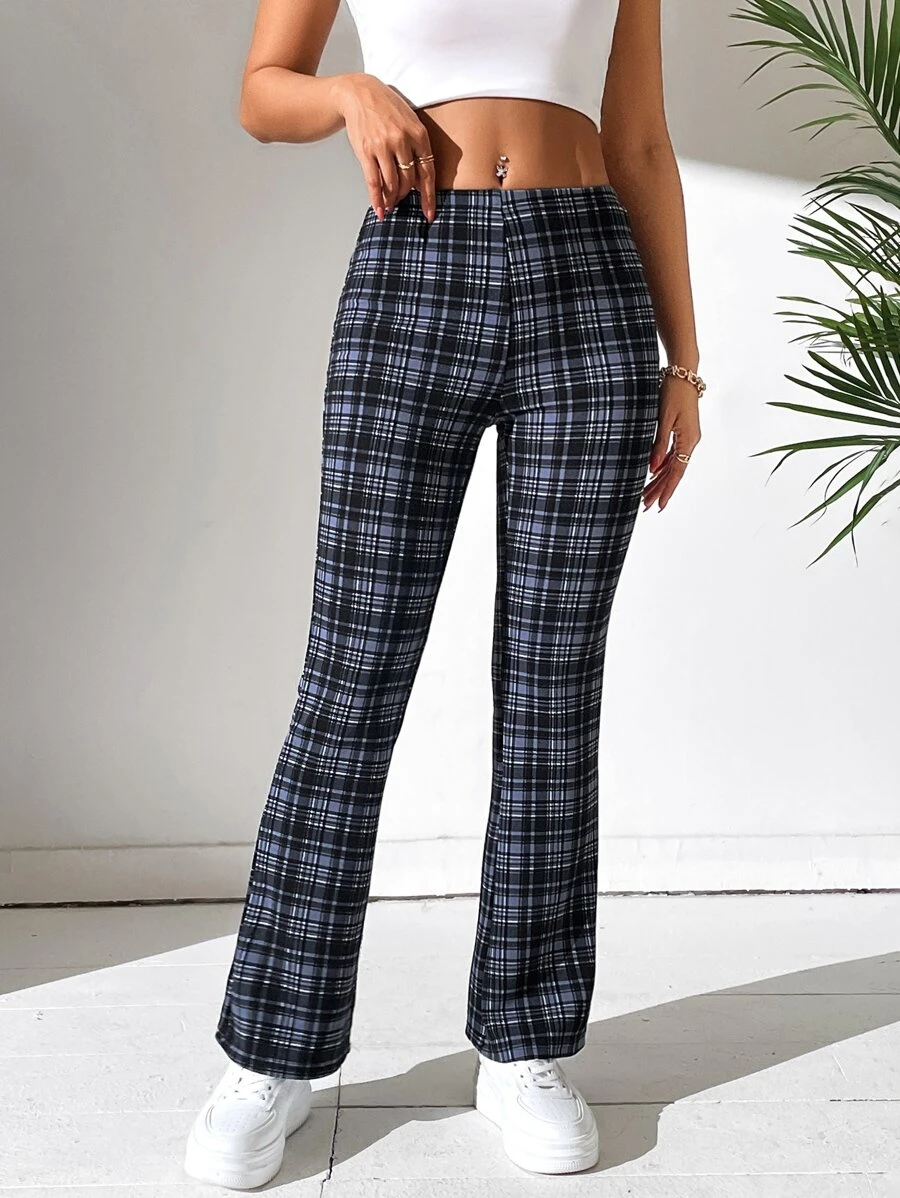 SHEIN PETITE High Waist Plaid Flare Leg Trousers - Multicolor - View 1