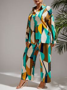 SHEIN VCAY Plus Geo Print Batwing Sleeve Top & Trousers - Multicolor - View 7