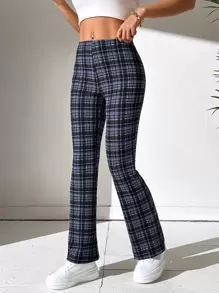 SHEIN PETITE High Waist Plaid Flare Leg Trousers - Multicolor - View 5