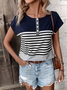SHEIN LUNE Striped Dolman Sleeve Tee - Multicolor - View 4