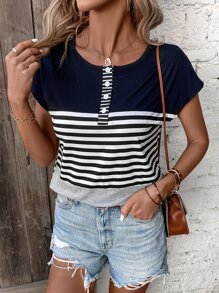 SHEIN LUNE Striped Dolman Sleeve Tee - Multicolor - View 5