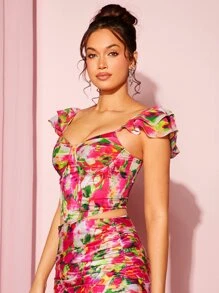 SHEIN BAE Blusa con estampado de dibujo ribete con fruncido pecho con fruncido - Multicolor - Ver 5