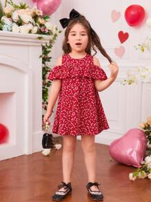 SHEIN Young Girl Toddler Girls Allover Heart Print Cold Shoulder Ruffle Trim Dress - Red - View 5