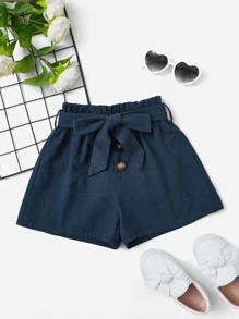 SHEIN Quần short bé gái Thắt lưng Nút phía trước Quần paper-bag màu trơn Giải trí - Màu xanh hải quân - Xem 1