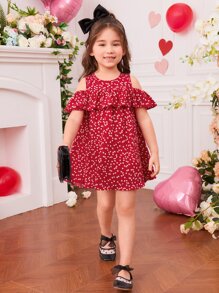 SHEIN Young Girl Toddler Girls Allover Heart Print Cold Shoulder Ruffle Trim Dress - Red - View 3