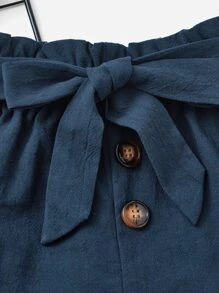 SHEIN Quần short bé gái Thắt lưng Nút phía trước Quần paper-bag màu trơn Giải trí - Màu xanh hải quân - Xem 4