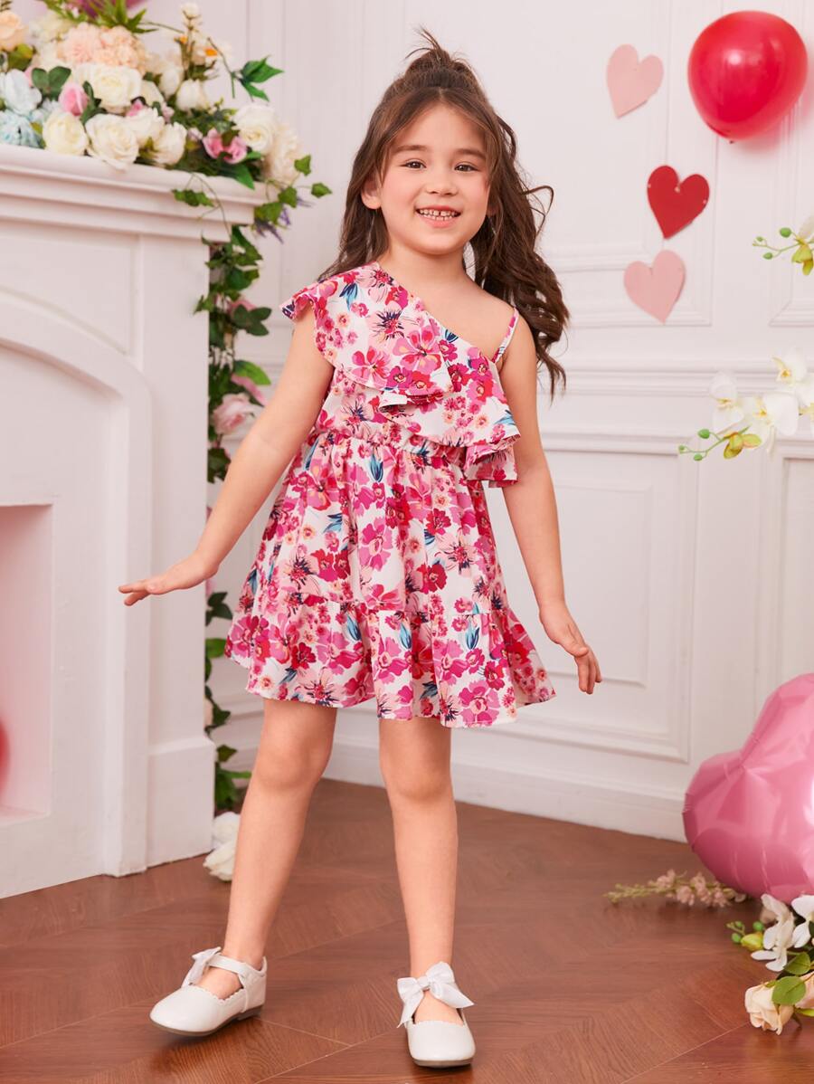 Toddler Girls Floral Print Asymmetrical Shoulder Ruffle Trim Dress - Multicolor - View 1