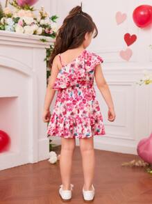 Toddler Girls Floral Print Asymmetrical Shoulder Ruffle Trim Dress - Multicolor - View 2