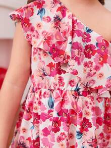 Toddler Girls Floral Print Asymmetrical Shoulder Ruffle Trim Dress - Multicolor - View 3