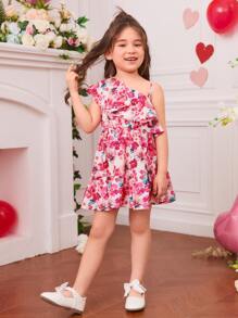 Toddler Girls Floral Print Asymmetrical Shoulder Ruffle Trim Dress - Multicolor - View 5