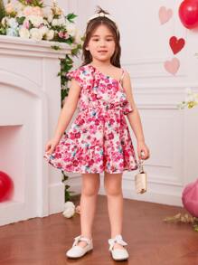 Toddler Girls Floral Print Asymmetrical Shoulder Ruffle Trim Dress - Multicolor - View 6