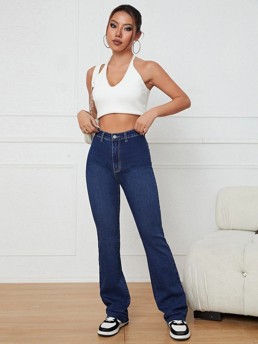 Zip Fly Flare Leg Jeans - Dark Wash - View 1