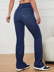 Zip Fly Flare Leg Jeans - Dark Wash - View 2