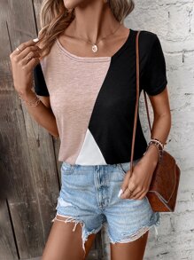 SHEIN LUNE 撞色不對稱領T恤 - 彩色 - 查看 5