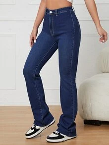 Zip Fly Flare Leg Jeans - Dark Wash - View 5