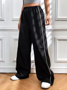 SHEIN EZwear 拼接滾邊彈性腰帶闊腿降落傘褲 - 黑色 - 查看 4