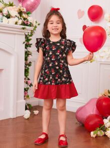 SHEIN Toddler Girls Christmas Print Ruffle Trim Dress - Multicolor - View 1