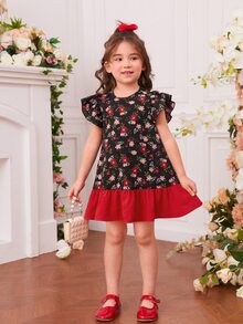 SHEIN Toddler Girls Christmas Print Ruffle Trim Dress - Multicolor - View 3