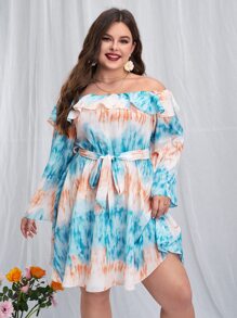 SHEIN VCAY Vestido con cinturón de tie dye de hombros descubiertos