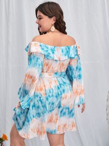 SHEIN VCAY Vestido con cinturón de tie dye de hombros descubiertos