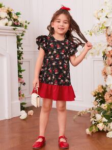 SHEIN Toddler Girls Christmas Print Ruffle Trim Dress - Multicolor - View 4