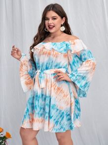 SHEIN VCAY Vestido con cinturón de tie dye de hombros descubiertos