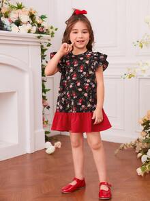 SHEIN Toddler Girls Christmas Print Ruffle Trim Dress - Multicolor - View 5