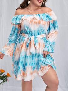 SHEIN VCAY Vestido con cinturón de tie dye de hombros descubiertos