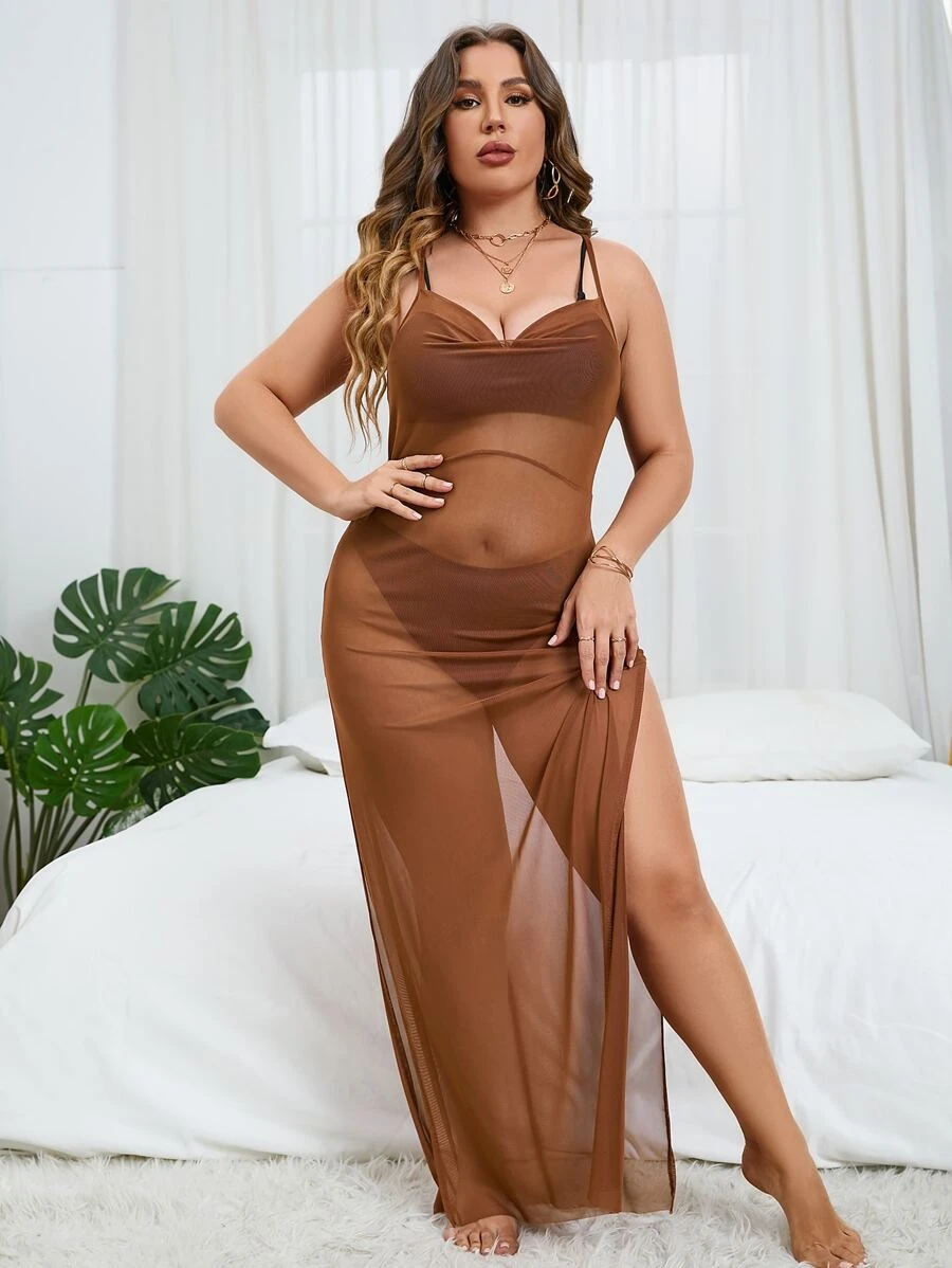 SHEIN Swim Curve Plus Split Thigh Mesh Cover Up Without Bikini - Brown - View 1