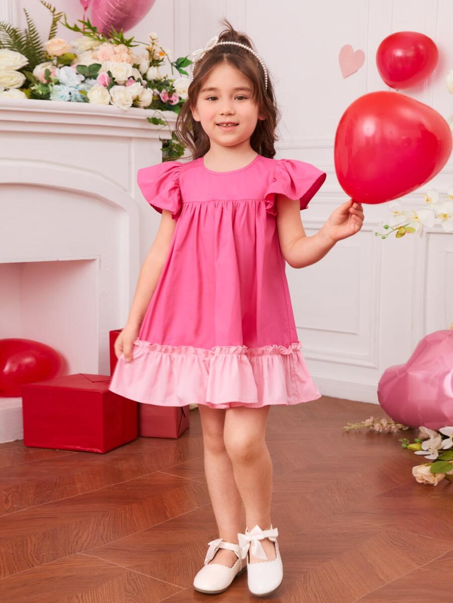 SHEIN Vestido para niña joven, con mangas de mariposa, detalle de contraste en el dobladillo y ribete rizado - Rosa - Ver 1