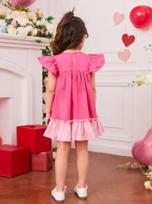 SHEIN Vestido para niña joven, con mangas de mariposa, detalle de contraste en el dobladillo y ribete rizado - Rosa - Ver 2