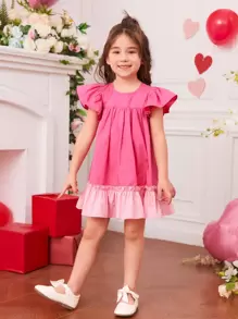 SHEIN Vestido para niña joven, con mangas de mariposa, detalle de contraste en el dobladillo y ribete rizado - Rosa - Ver 3