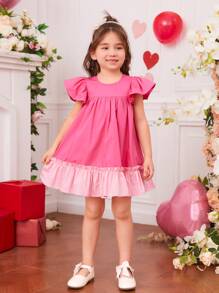 SHEIN Vestido para niña joven, con mangas de mariposa, detalle de contraste en el dobladillo y ribete rizado - Rosa - Ver 4