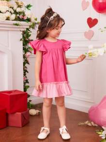 SHEIN Vestido para niña joven, con mangas de mariposa, detalle de contraste en el dobladillo y ribete rizado - Rosa - Ver 5