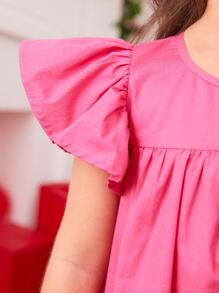 SHEIN Vestido para niña joven, con mangas de mariposa, detalle de contraste en el dobladillo y ribete rizado - Rosa - Ver 6