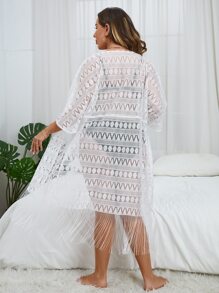 Plus Open Front Fringe Hem Lace Kimono - White - View 2