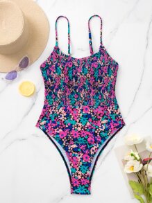 Traje de baño de una pieza con estampado floral de verano, busto fruncido y plisado - Multicolor - Ver 3