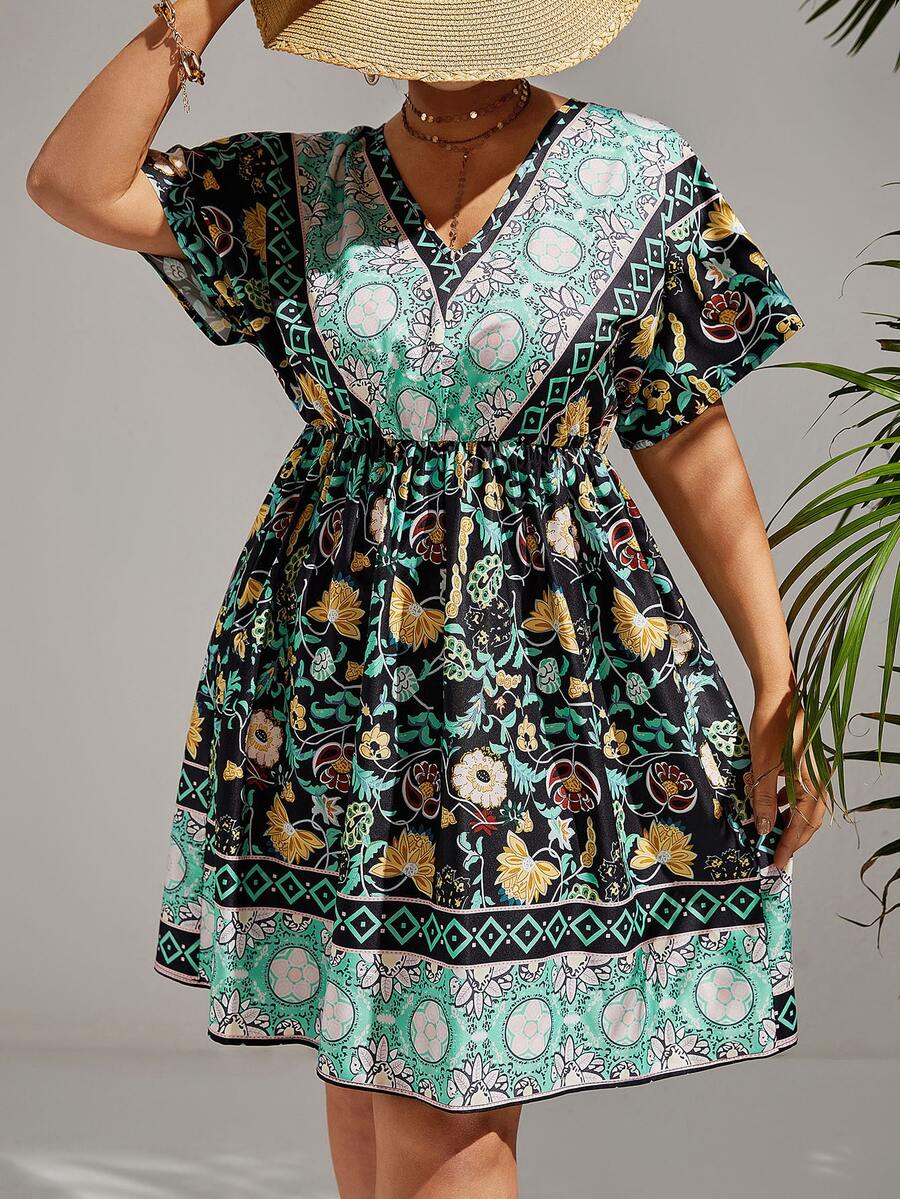 SHEIN VCAY Vestido con estampado floral con paisley de manga mariposa - Multicolor - Ver 1