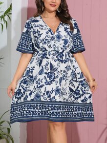 SHEIN Clasi 大碼印花交疊領洋裝 - 藍色 - 查看 1