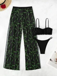 3入組實色褶皺夏季沙灘比基尼套裝和劈腿沙灘褲 - 黑色 - 查看 3