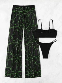 3入組實色褶皺夏季沙灘比基尼套裝和劈腿沙灘褲 - 黑色 - 查看 4